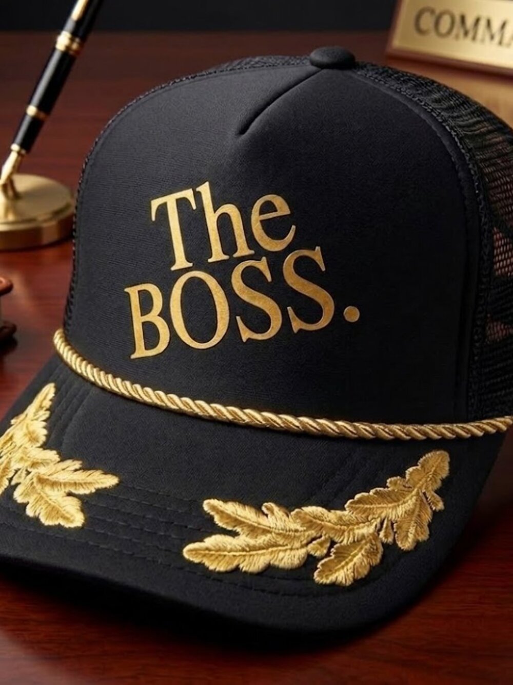 Retro The Boss Foam Trucker Hat Black Gold Scrambled Eggs Captain Cap Handmade